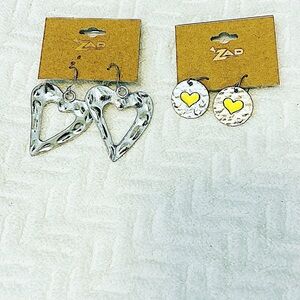 2 Pair Set Silver Stamped Heart Dangle & Coin Dangle gold heart Earrings NWT